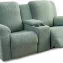 Recliner Loveseat Cover with Center Console, 2 Seater Jacquard Recliner Sofa Slipcover with Pockets Washable Stretch Reclining Couch Covers Furniture Protector Elastic Straps (Matcha Green)