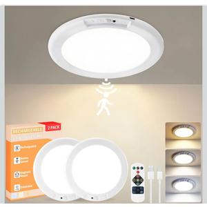 Rechargeable Ceiling Light 2Pack, 3 Color Motion Sensor Lights with Remote, Wireless Closet Light Battery Operated, Magnetic Dimmable LED Lights for Shower Pantry Shed Hallway Porch Garage Stairs