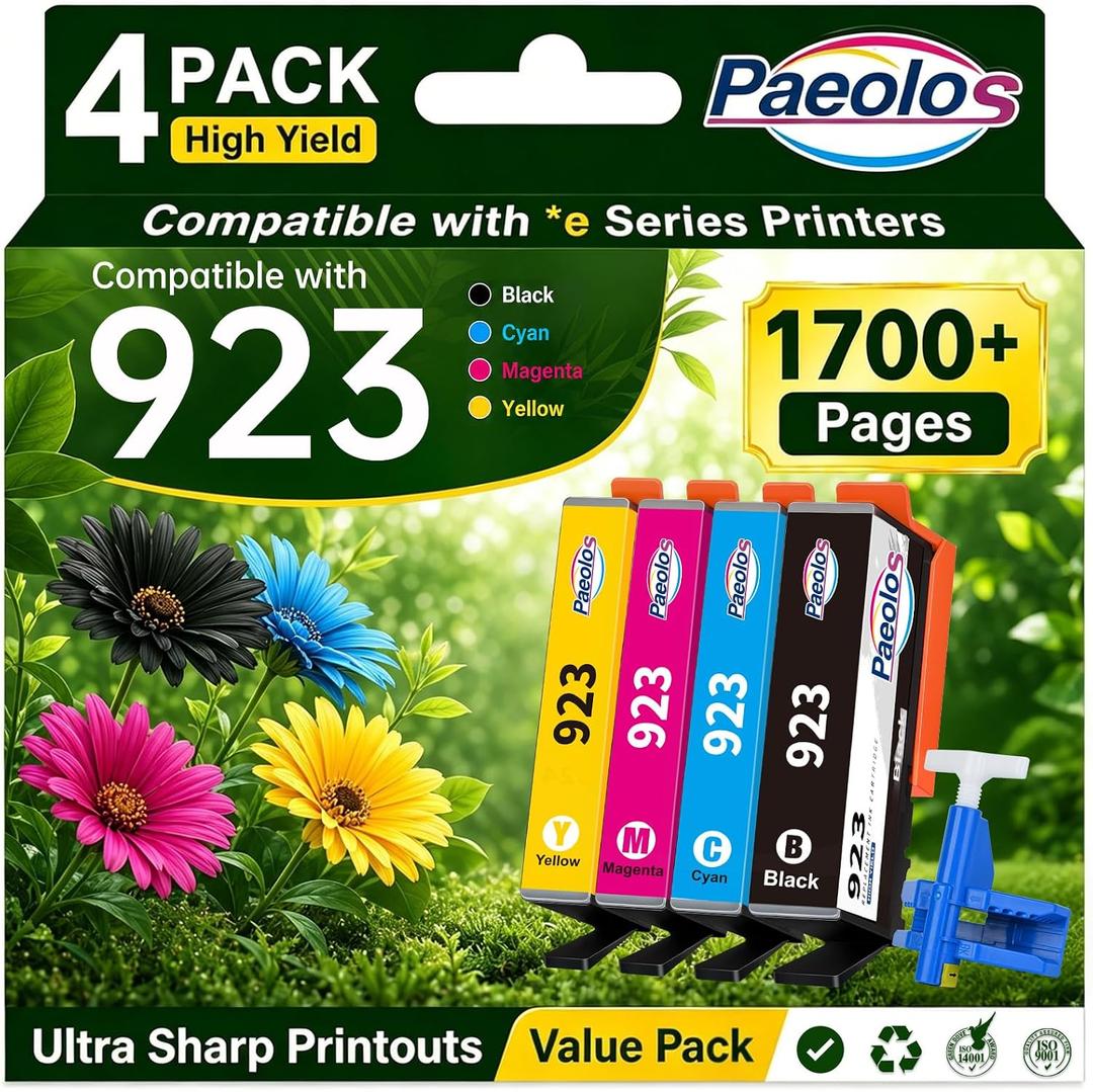 923 Ink Cartridges for HP Printers Replacement for HP 923 Ink Cartridges Work for HP OfficeJet Pro 8130e 8120e 8135e 8139e 8125e 8138e Printers Ink Cartridges No Chip, Black Cyan Magenta Yellw,4 Pack