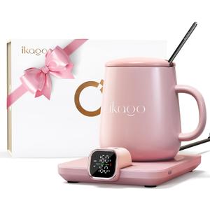 Coffee Mug Warmer Set, ±1°F Precision Temperature Control Smart Heated Mug for Desk, Electric Coffee Warmer with Auto Shut Off & Real Time Temp Display, Gifts for Men Women, 15oz Ceramic Mug, Pink