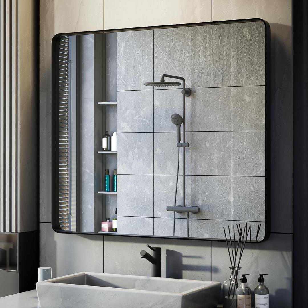 Black Bathroom Mirror for Wall, 36x32 Inch Matte Black Framed Bathroom Vanity Mirror for Farmhouse Living Room Bedroom, Anti-Rust, Tempered Glass, Horizontal/Vertical (36"L x 32"W)