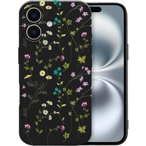 RALEAVO Floral Case for iPhone 16 Plus,Liquid Silicone Cover with Cute Flower Branch Pattern for Girls Women Slim Soft Rubber Protective Phone Case for iPhone 16 Plus (6.7"),Black