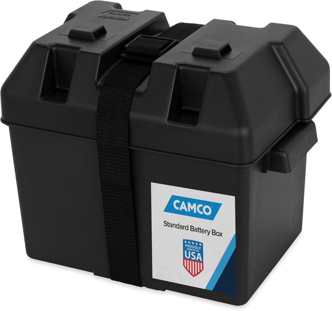 Camco Large Battery Box with Straps and Hardware - Group 27, 30, 31 |Safely Stores RV, Automotive, and Marine Batteries | Measures Inside 7-1/4" x 13-1/4" x 8-5/8" | (55373), Black