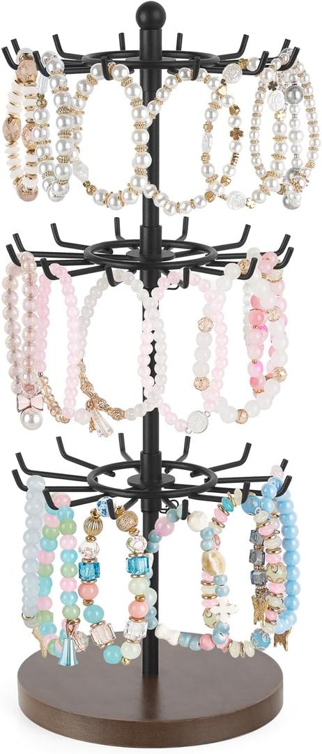 Mkono Bracelet Holder Gold Metal Rotating Bracelet Display Stand 3 Tier Jewelry Tower rack with 36 Hooks and Wood Base Modern Adjustable Storage Organizer Tree for Selling KeyChain Bangle Accessories