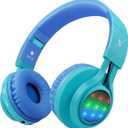 Riwbox WT-7S Kids Bluetooth Headphones, LED Light Up Wireless Foldable Stereo Headset with Microphone and Volume Control for PC/Tablet/TV/Travel (Blue)