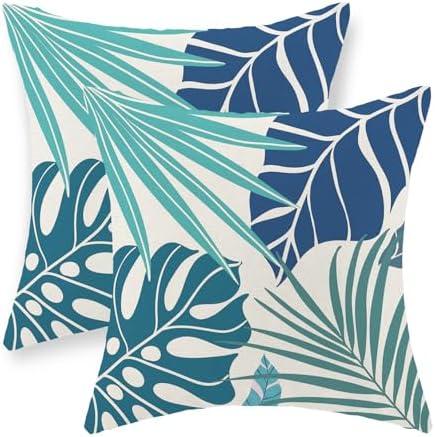 Tropical Pillow Covers 20x20 Set of 6 Navy Blue Aqua Teal Monstera Palm Leaf Pillowcase Summer Decorations Tropical Outdoor Throw Pillows Linen Decor Botanical Plant Cushion Case for Home Bed
