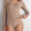 REORIA Long Sleeve Shirts for Women Lace V Neck Basic Tops Fitted Fall Cute Clothes Trendy Fashion Winter (Beige, S)