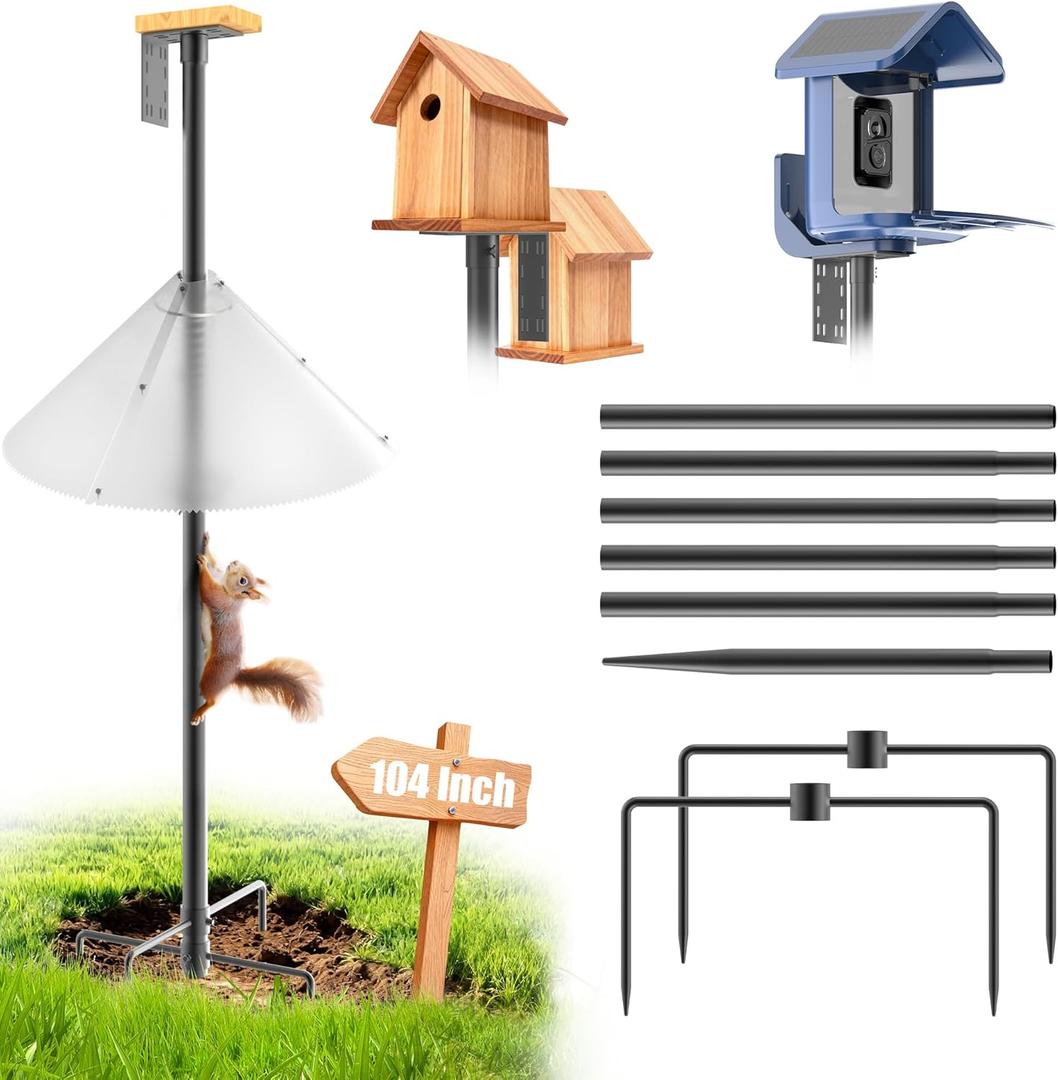 Bird Feeder Pole with Squirrel Baffle - 104 Inch Bird House Pole for Outdoors Heavy Duty, Squirrel Proof Baffle with Stainless Steel Spring for Better Defense, Slip-Fit Connection