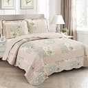 Brilliant Sunshine Rose and Sage Quilt Set, 3-Piece Bedding Sets, Traditional Patchwork Design, Washable and Reversible Bedspread, Soft Lightweight Coverlet, All-Season, Full/Queen, Light Pink Green