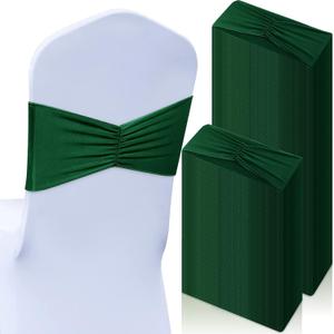 Moukeren 100 Pcs Spandex Chair Sashes Bows Bands Slider Sashes for Chair Covers Elastic Bands Ties Ribbon Decorations for Wedding Party Events Ceremony Birthday Banquet (Dark Green)
