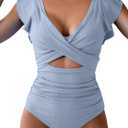 B2prity Women's One Piece Swimsuit Ruffle Cutout Bathing Suits Slimming Tummy Control V Neck Wrap Swimwear (Gray Blue Ribbed, Small)