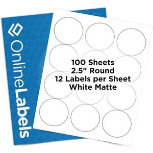 2.5" Round Labels - Permanent Adhesive, White Matte - Great for Candle and Jar Lids, Products, Favor Labels - Pack of 1,200 Circle Stickers, 100 Sheets - Inkjet/Laser Printers, OL350WX, OnlineLabels