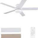 52 Inch White Ceiling Fan With Lights Flush Mount Dimmable 3 Color Temperatures LED Remote Control 6 Speed Reversible DC Motor 5 Blades Modern Ceiling Fan Design for Indoor or Covered Outdoor