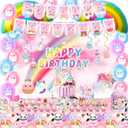 Cute Animals Birthday Decorations Kids Party Supplies with Banner Cake Topper Cupcake Toppers Balloons Swirls Stickers Background Tablecover Plates Napkins Cups