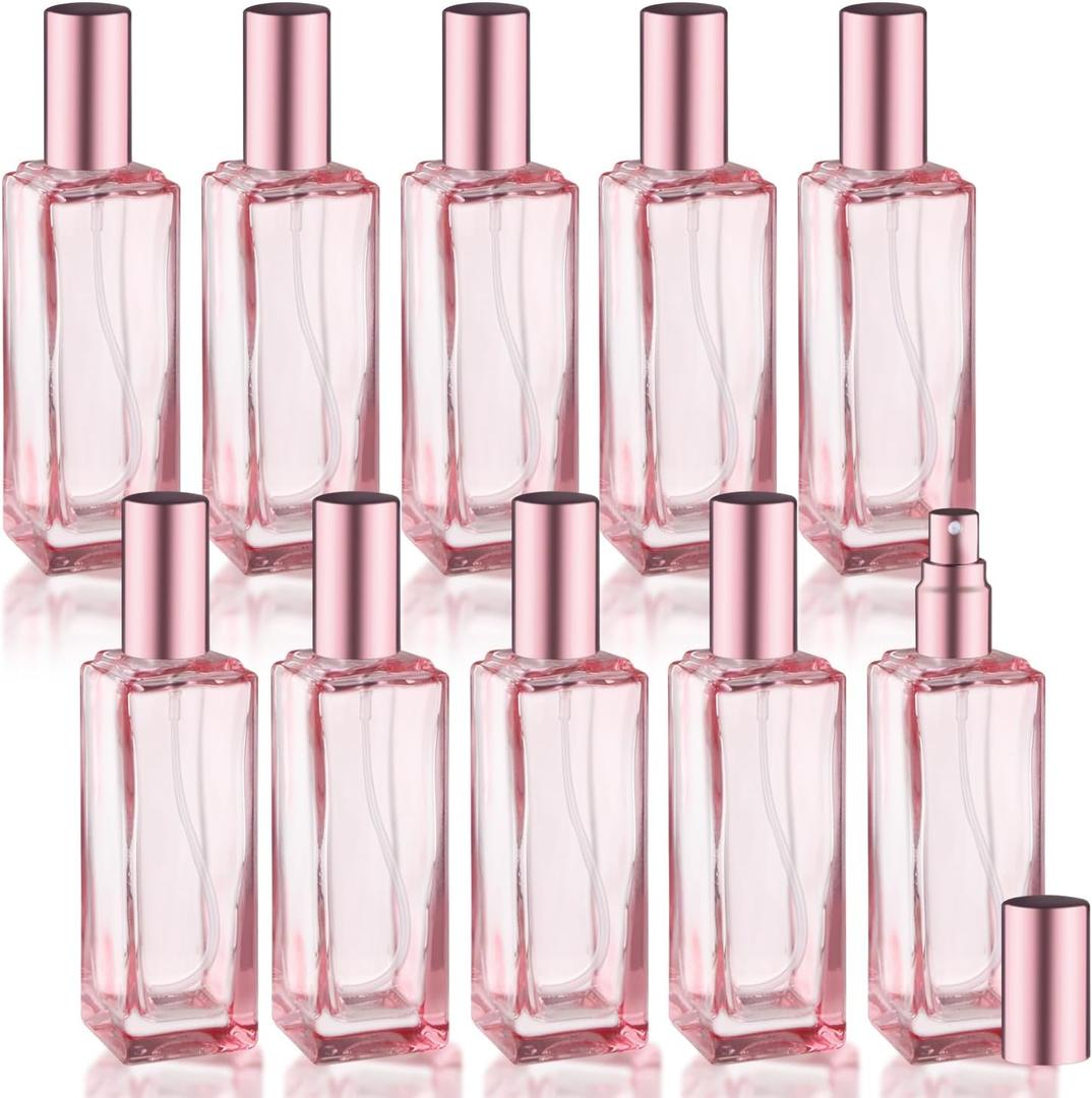10 Pcs 30ml/1oz Glass Perfume Bottles Square Pink Glass Perfume Jars Empty Travel Size Spray Bottles Refillable Container with Rose Gold Lids for Essential Oil Liquid Cosmetic Cleaning