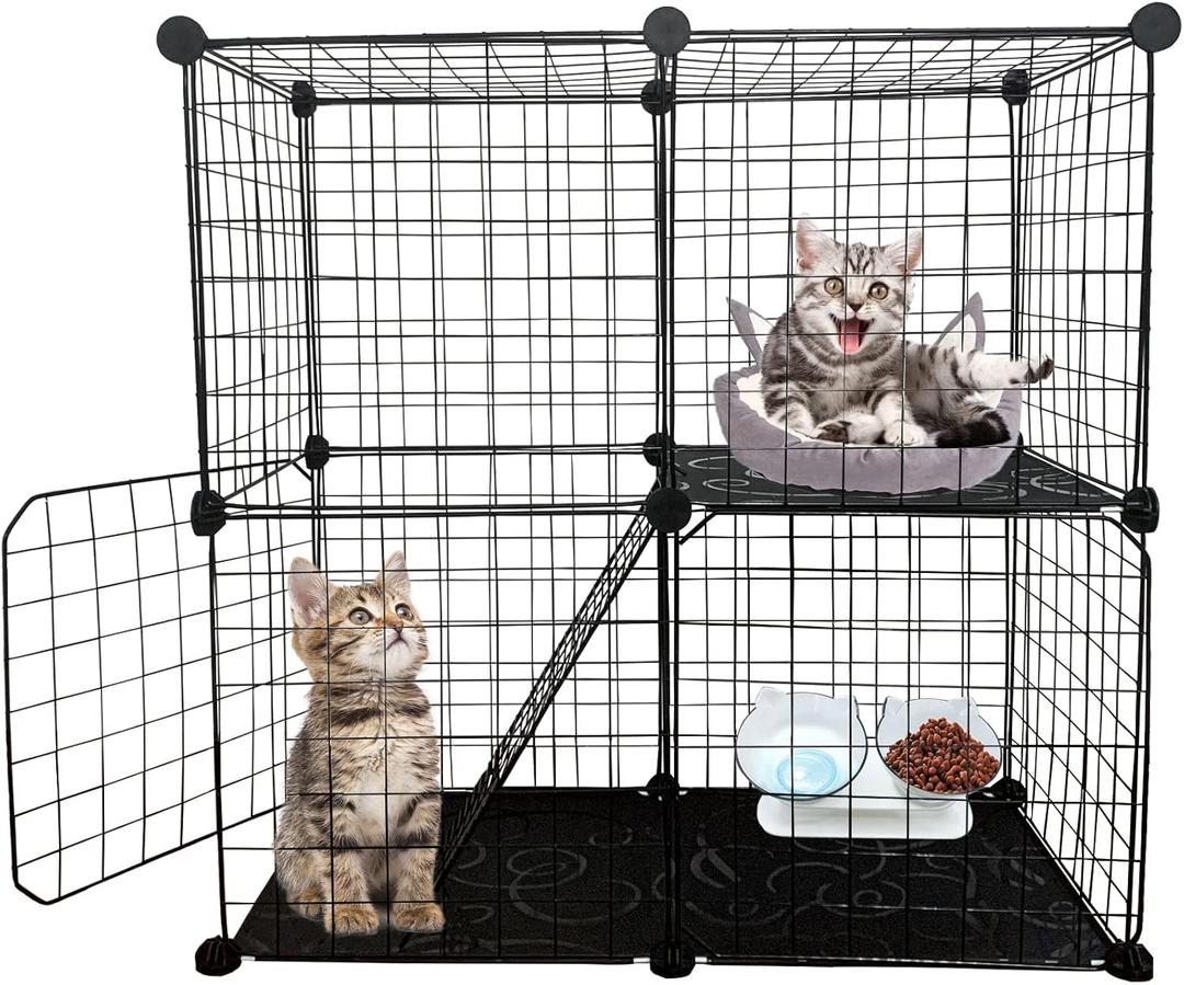 DIY Cat Cage,Pet Playpen Indoor, Detachable Metal Wire Small Animal Cages, 2-Tier Crate Large Exercise Place, Kitten Enclosures with 2 Door, 29.5 x 15.3 x 28.7 Inch, Black