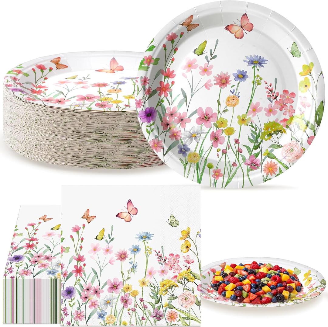 Qinyoung 100 Pcs Wildflower Party Supplies Paper Plates and Napkins Disposable Spring Floral Baby Shower Birthday Tableware Decorations for Spring Summer Picnic Wedding Tea Party, Serve 50 Guests