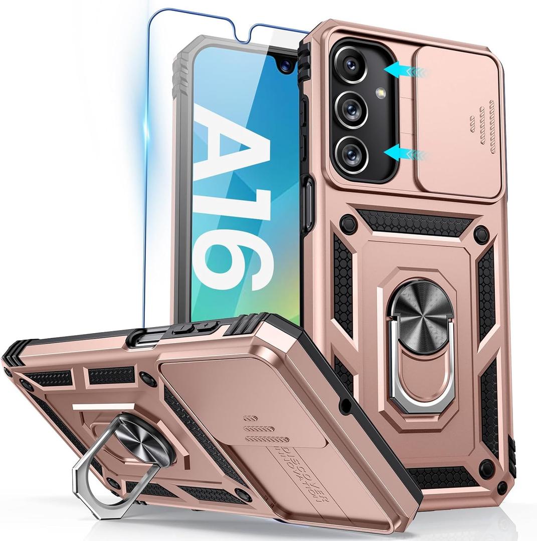 Goton Compatible with Samsung Galaxy A16 5G Case with Camera Cover & Kickstand Ring with Tempered Glass Screen Protector, Military Grade Shockproof Protective Bumper Cover Rose Gold