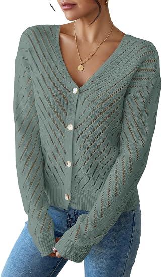 Libsorge Womens Sexy Off The Shoulder Sweater Spring Summer Fall 2025 Trendy Lightweight Ladies Dressy Casual Outfits Cute Crochet Knit Hollow Out V Neck Long Sleeve Button Cardigan, Sage Green, S