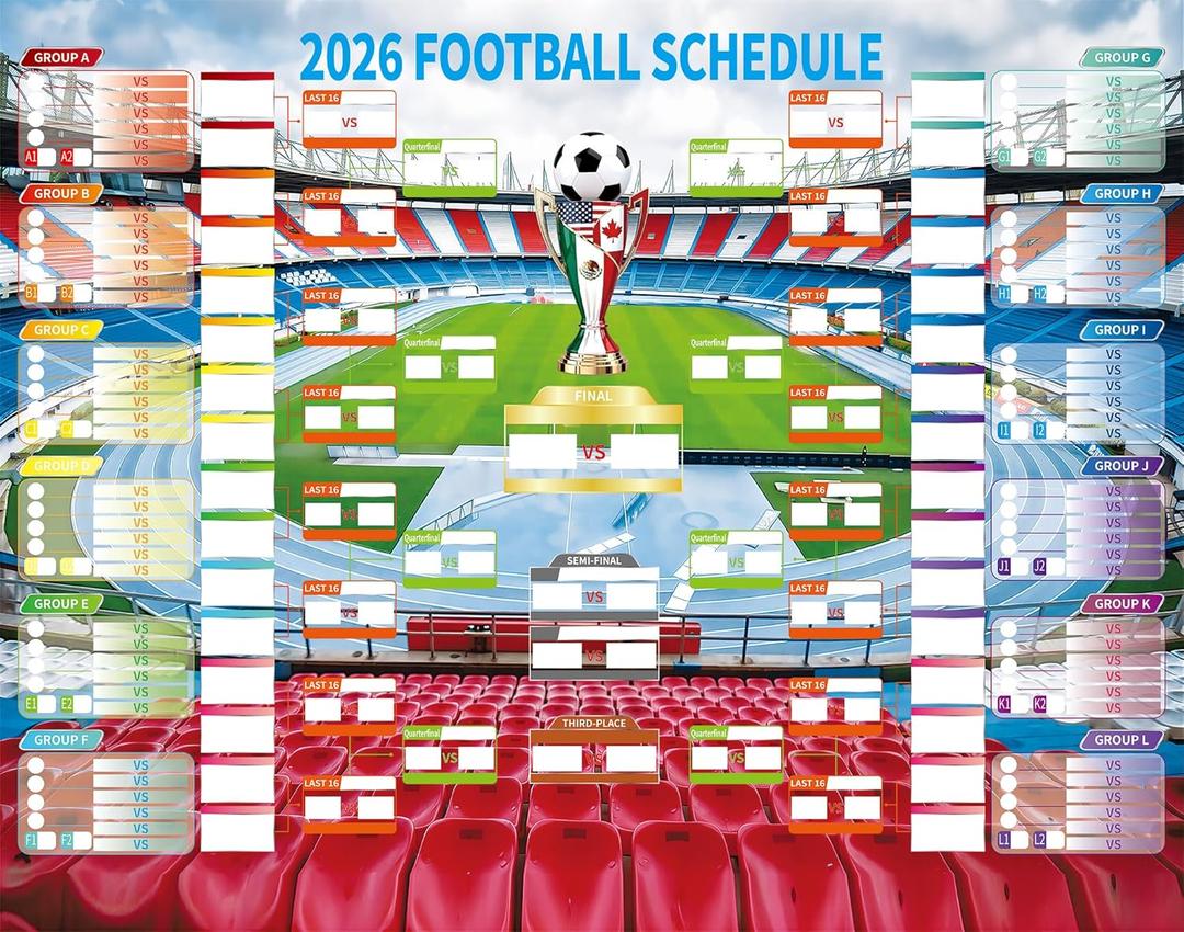 4 x Julyxi 2026 World Cup 48 Team Waterproof Wall Chart Poster, 31.5"x23.6" Tournament Schedule Tracker with Group & Knockout Bracket, Soccer Wall Decor Ultimate Gift for World Cup Fans