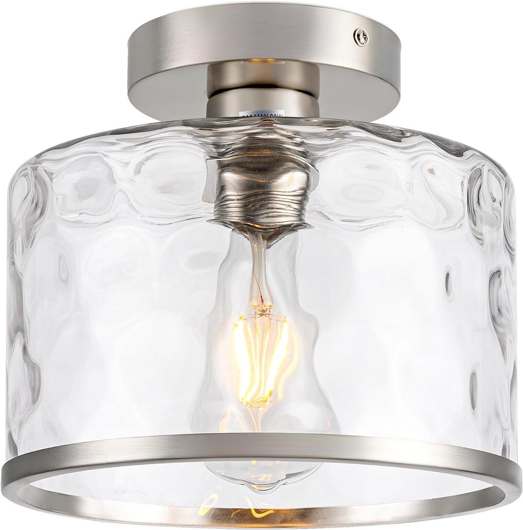 Zlepmlla Modern Semi Flush Mount Ceiling Light with Industrial Clear Hammered Glass Lampshade, Farmhouse Ceiling Lights fixtures in Satin Nickel for Hallway Kitchen Bathroom Bedroom