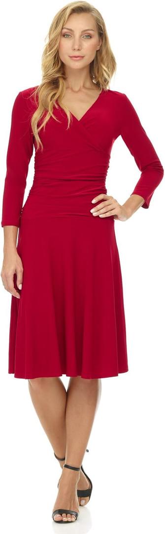 Rekucci Women's Slimming 3/4 Sleeve Fit-and-Flare Crossover Tummy Control Dress (Red)
