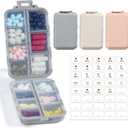 LANDNEOO 14 Grids Pill Organizer Box with Labels, Travel Medication Holder Dispenser Case Kit, Pocket Daily Pharmacy Container for Fish Oil Vitamin Supplement Storage, Khaki Pink Grey, 3 Pack