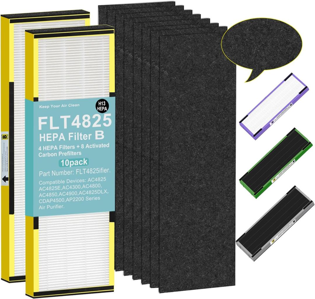 Upgraded FLT4825 HEPA Filter B Replacement for GermGuardian AC4825E AC4300 AC4900 | 2 True H13 HEPA Filters + 8 Carbon Pre-Filters | 99.97% Allergen Removal, Easy Install, Multi-Room Use