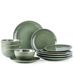 AmorArc Ceramic Dinnerware Sets for 4, 12 Pieces Handpainted Plates and Bowls Set, Scratch Resistant Stoneware Dishes Set, Dishwasher & Microwave Safe, Jade Green