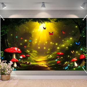 BlissYard Enchanted Forest Backdrop Fantasy Woodland Banner for Party Event Display 71×41 Inch Magical Nature Scene with Glowing Path Butterfly Mushroom Background for Photo Booth Home Decor