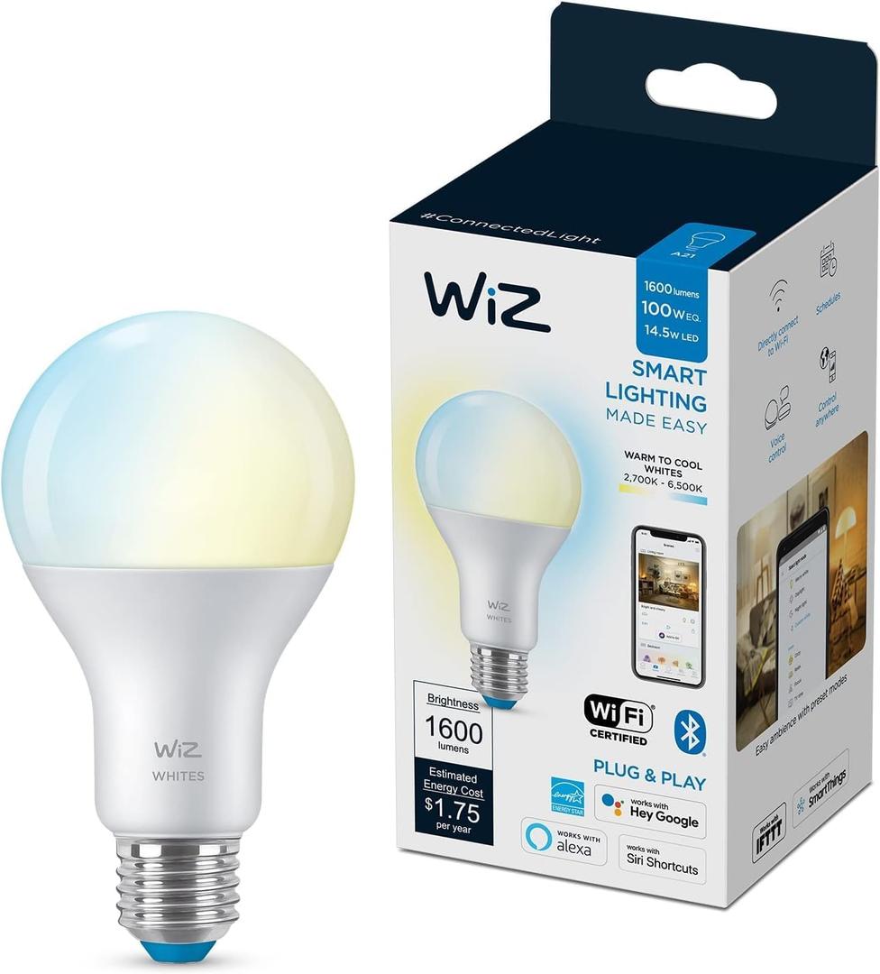 WiZ 100W Eq. (14.5W) A21 Tunable White LED Smart Bulb - Pack of 1 - E26- Indoor - Connects to Your Existing Wi-Fi - Control with Voice or App + Activate with Motion - Matter Compatible