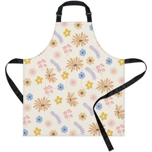 Yellow Blue Small Flowers Aprons, Adjustable Flowers Kitchen Apron for Women with Pockets, Elegant and Bright Apron for Kitchen, Cleaning, Gardening