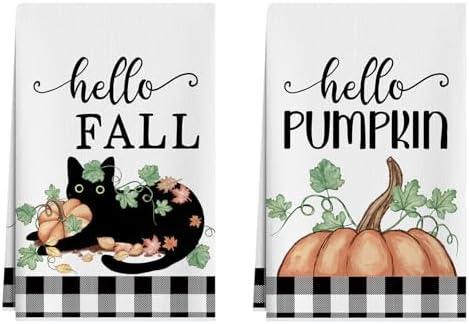 Pack of 3, XCHI Fall Cute Black Cat Pumpkin Plaid Autumn Harvest Dish Towels 18x26 Inch Hand Kitchen Towels Dishcloth Home Decorations Set of 2