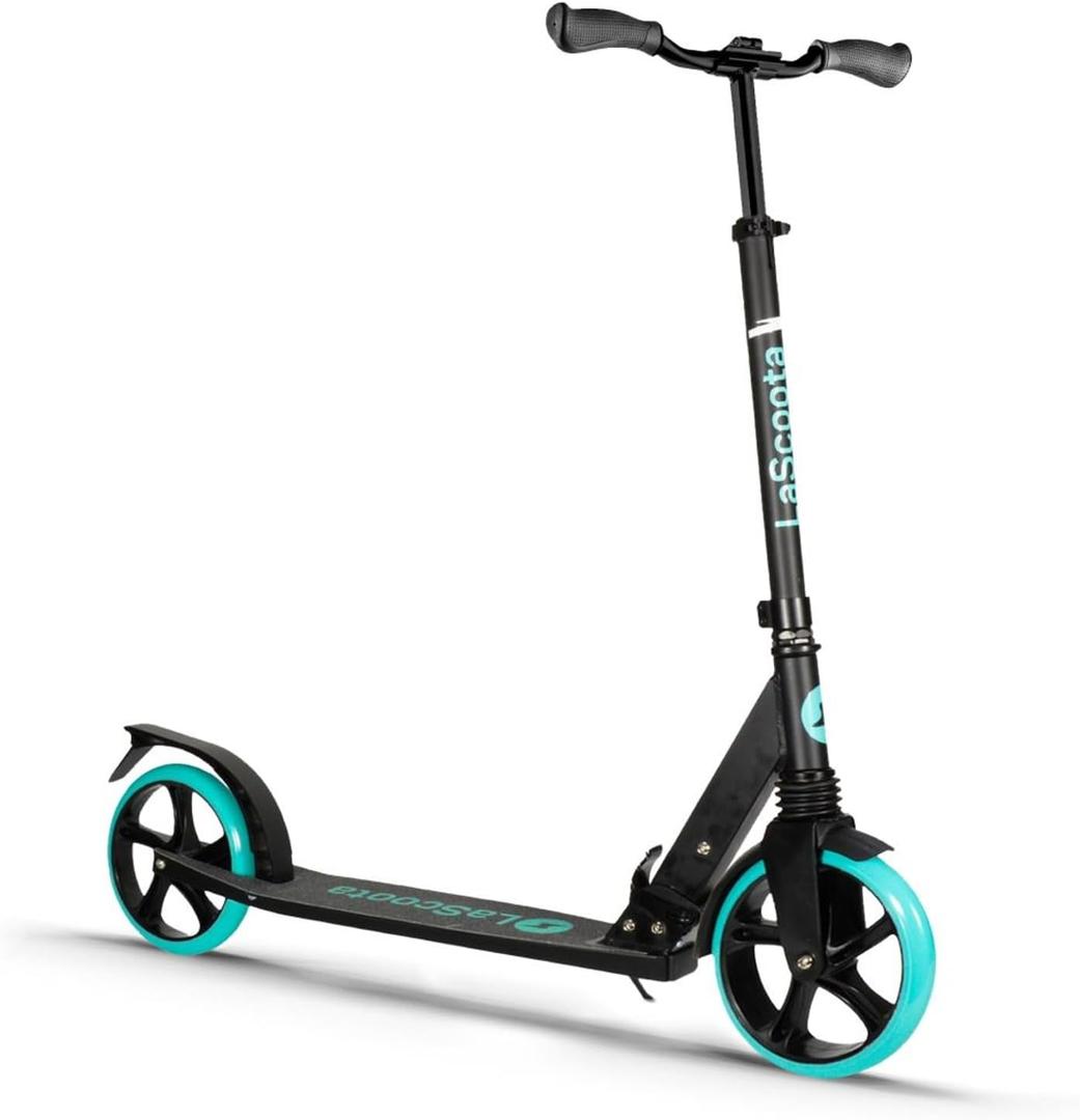 LaScoota Kick Scooter for Kids Ages 6+, Teens & Adults, Large 8" Sturdy Urethane Wheels. Adjustable Handlebar, Lightweight, Foldable, 220lbs Max Load (Aqua)