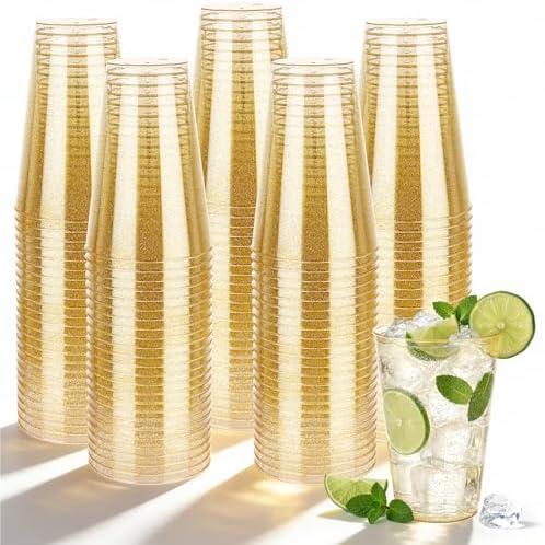 Ciselure 14 oz 100 Pack Gold Plastic Cups, Disposable Gold Glitter Cups, Bulk Gold Plastic Tumblers for Party, Wedding, Birthday and Holiday
