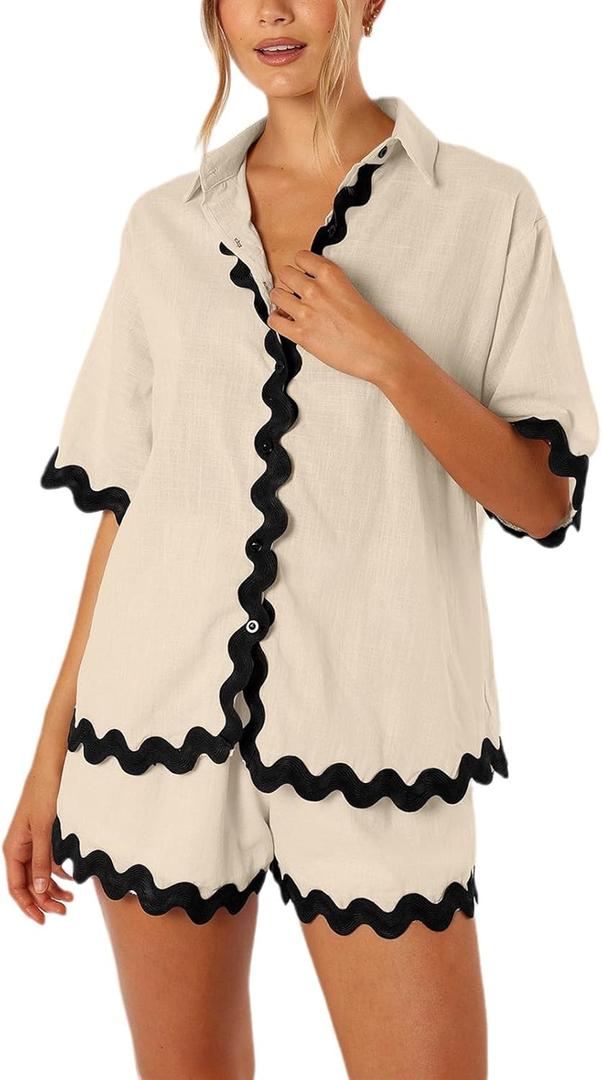 Women's Short Sets 2 Piece Outfits Summer Short Slevee Two Piece Button Shirt and Shorts Lounge Pajamas Set (Apricot) S