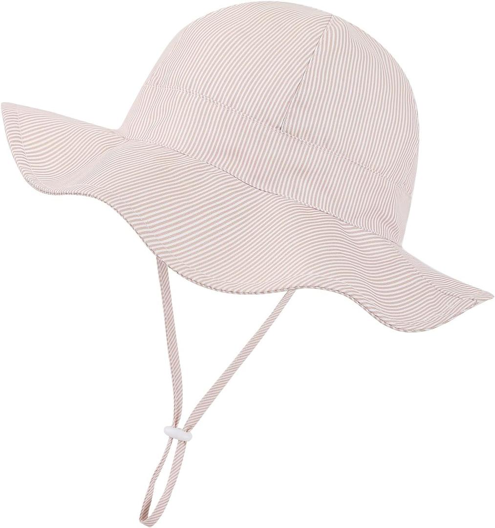 Baby Girl Sun Hat Toddler Beach Hats with UPF 50+ Protective Infant Summer Hat with Wide Brim Baby Girls Bucket Hat (6-12 Months, Khaki Stripe)