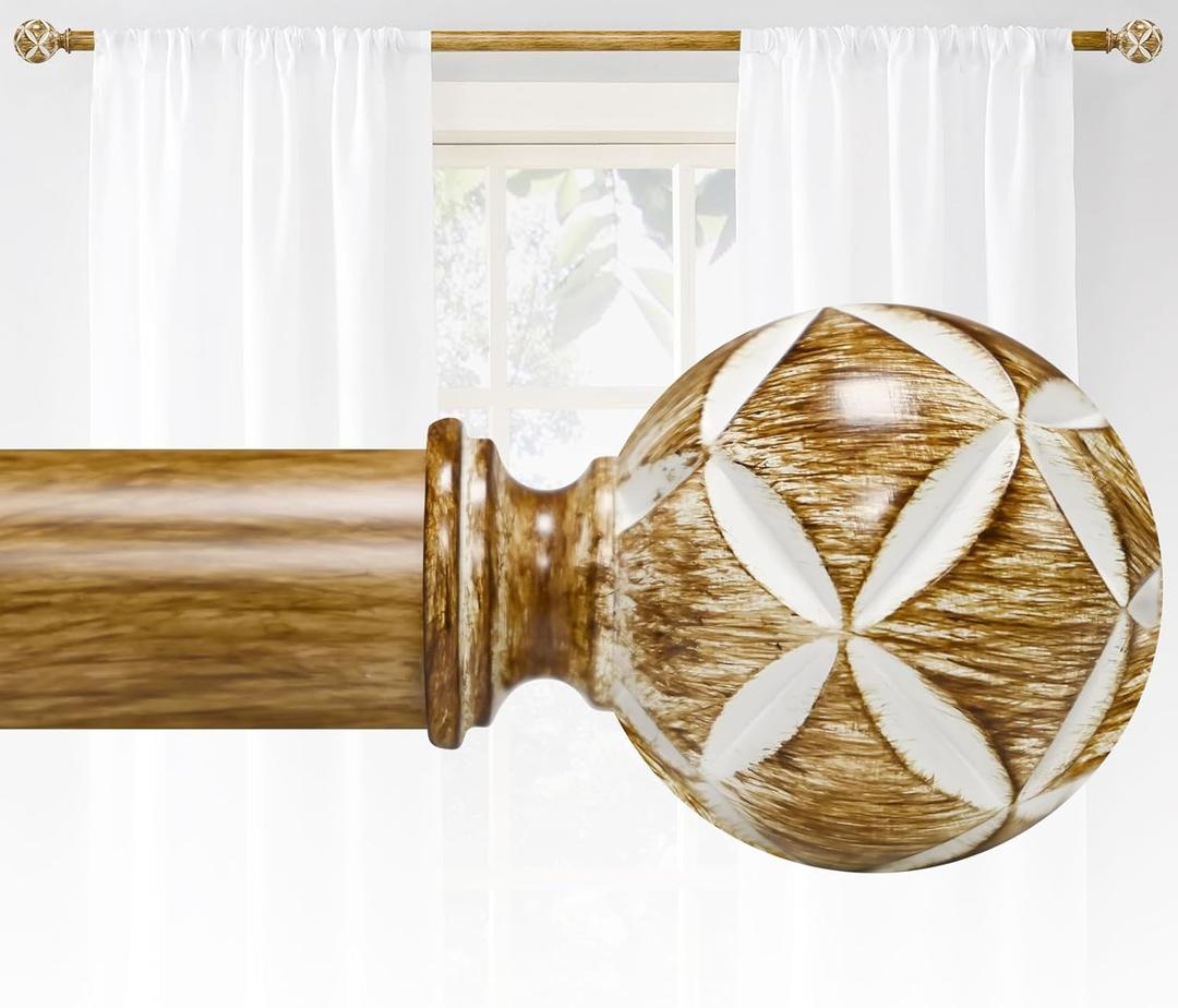 Wood Curtain Rods For Windows 48to 84 Inches 1 Inch Diameter Heavy-Duty Adjustable Decorative Curtain Rods With Four-Leaf Clover Carving Finials For Bedrooms & Living Rooms