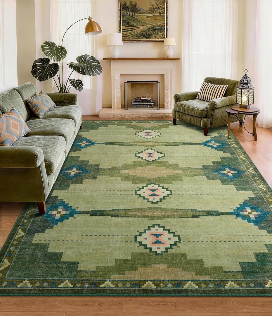 8’x10’ Washable Green Mid Century Modern Area Rug for Living Room | Soft, Non-Slip, Low Pile, Funky Retro Aztec Large Rug for Bedroom Dining Room Playroom, Green