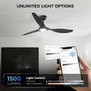 Roomratv Ceiling Fans with Lights and Remote Control,Quiet Noiseless Reversible DC Motor,6 Speeds,Timers, 3 CCT, Indoor Use, Plastic Blades,52 Inch Black Ceiling Fan Smart APP Control for Living Room