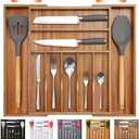 Bellsal Large Premium Acacia Wood Silverware Organizer - Expandable Utensil Drawer Organizer - 17"x19.6" Utensil Holder and Cutlery Tray with Grooved for Kitchen Flatware Utensils(7-9 Slot, Acacia)