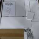 GlouMod Farmhouse Makeup Vanity Desk with Sliding Mirror and Lights, 42" Glass Top White Vanity Set with Charging Station & 4 Drawers & 2 Cabinets, Dressing Table with Stool for Bedroom