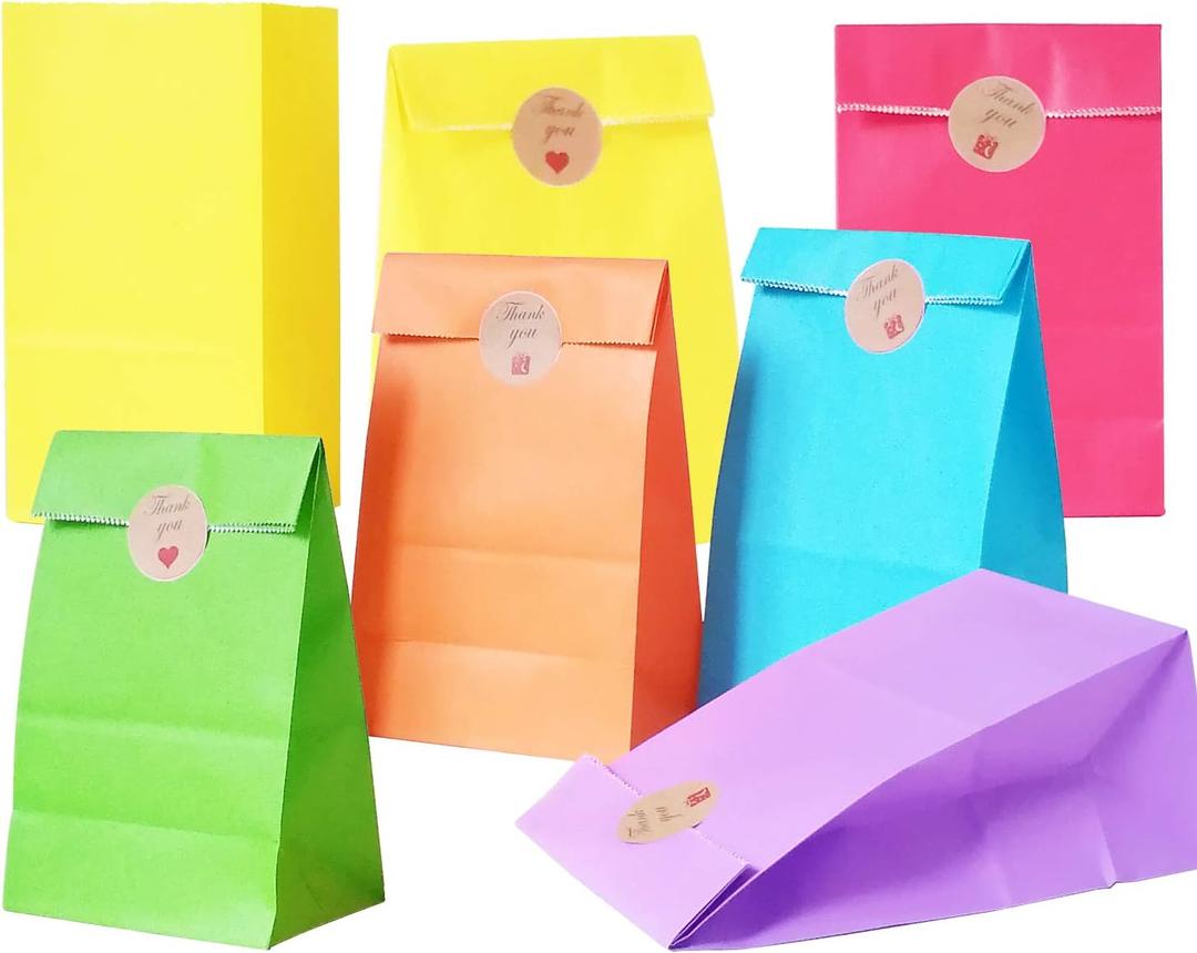 Future Life 60 pcs Solid Color Party Favor Paper Bags, 5.2 * 3.2 * 9.6 Inch, Food Safe Kraft Paper and Ink, Natural (Biodegradable), Vivid Colored Gift Bags, Give Away Bags.