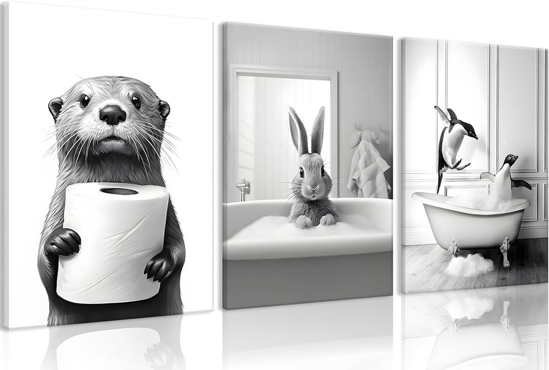 Funny Bathroom Animal Canvas Wall Art Set of 3, Black and White Raccoon Penguin Wall Decor Prints, Animals in the Bathtub Poster Picture for Bedroom Living Room Kids Room 16x24 Inch Framed