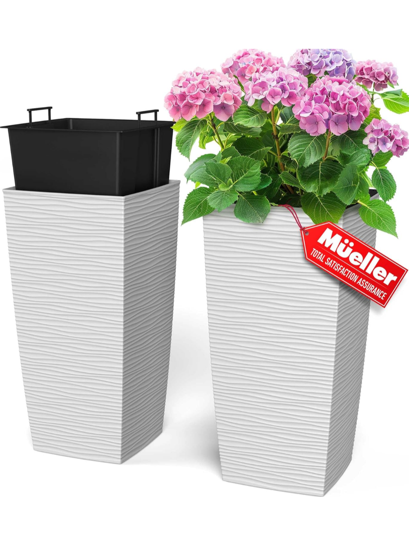 Mueller M-Resin Heavy Duty Tall Planters for Outdoor Plants, Indoor Grande Plant Pots, Boxes, Trees, Flower Pots, 2-Piece Set, 24”, Modern Design, Built-in Drainage, Front Porch Decor, White 3,4 Gallon