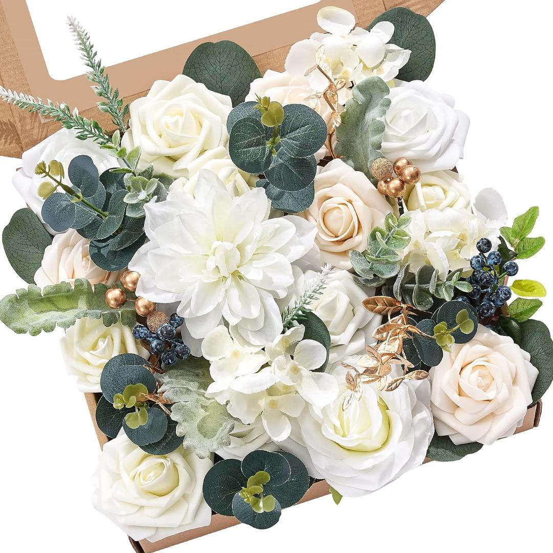 Serwalin White Artificial Flowers Fake Roses Foam Silk Flowers Box Set for DIY Wedding Cake Bouquets Centerpieces Arrangements Party Baby Shower Home Decorations (1 Box, A Secret Garden)