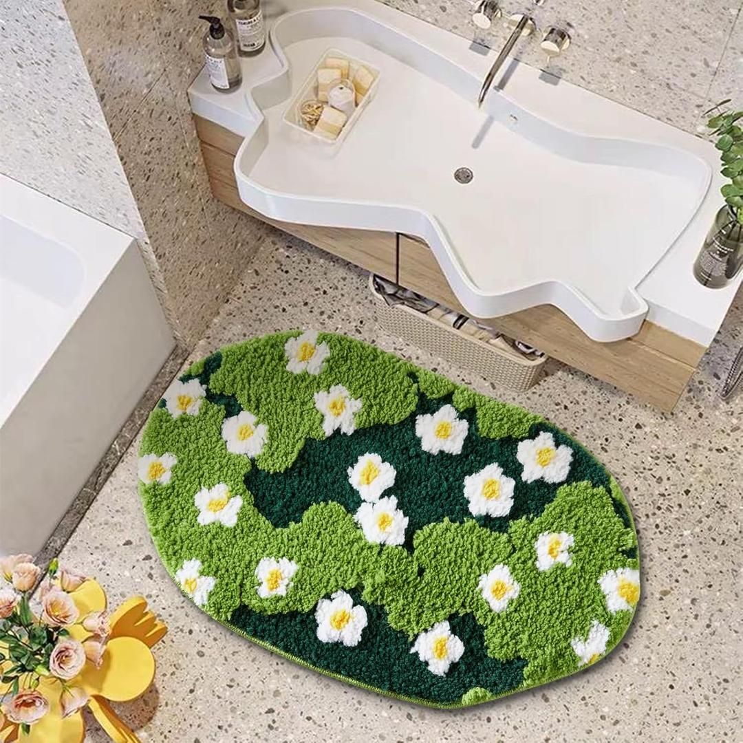 Cute Green Floral Bath Mat Microfiber Grass Bathroom Rug 20''W x 32''L Non Slip Washable, Modern Chic Boho Aesthetic Trendy Shaggy Bathroom Shower Floor Mat Absorbent