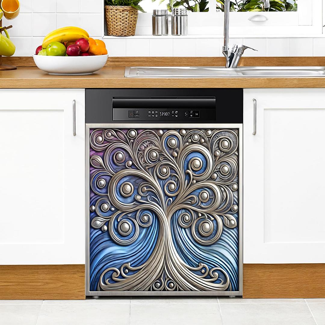 Flower Dishwasher Magnet Cover Magnetic Sticker Decorative Refrigerator Wash Machine Magnet Cover Door Panels Home Cabinet Appliances Stickers for Wash Machine Dryer (Blue Tree of Life, 23x26in)