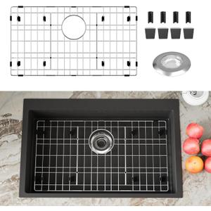 Stainless Steel Sink Protector 26-1/8" x 14-1/8" with Rear Drain, Metal Sink Rack for Bottom of Sink, Kitchen Sink Grate and Sink Protectors with Sink Strainer (26-1/8" x 14-1/8" - Rear Drain)