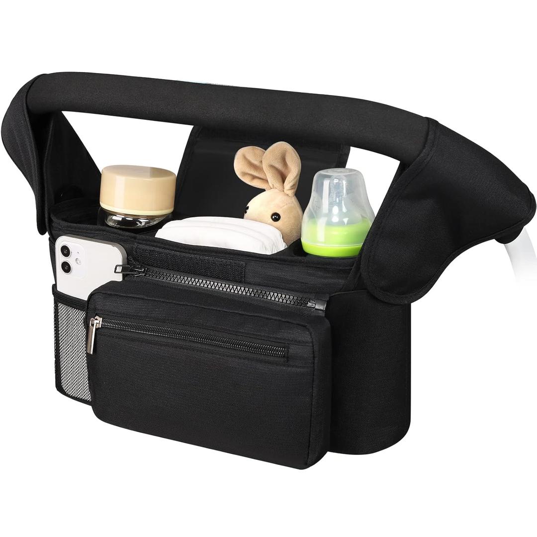 Accmor Universal Stroller Organizer with Insulated Cup Holder Detachable Phone Bag and Shoulder Strap,Stroller Bag Caddy Organizer Fits for Uppababy, Baby Jogger, Britax Strollers (All Black)
